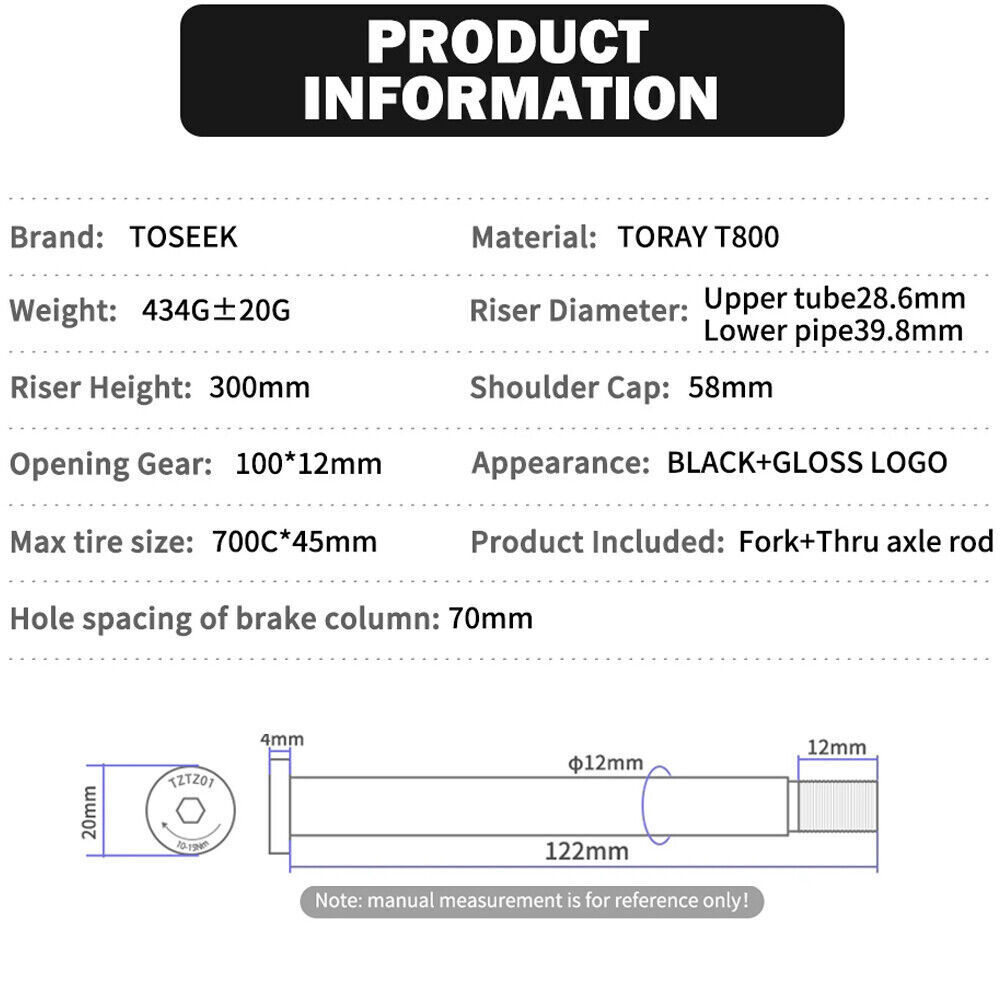 TOSEEK 700C Carbon Fiber Gravel Road Bike Fork Disc Brake QR/Thru Axle 100*12mm