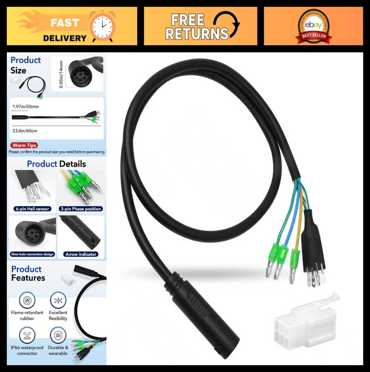 9 Pin Hub Motor Extension Cable, Waterproof 36V 48V 72V Ebike Connector, 60CM Po
