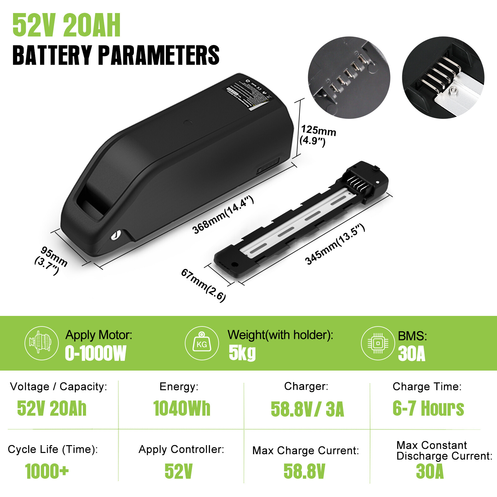 5Pins Ebike Battery Downtube Lithium Battery 20AH For Electric Bicycle Motor US