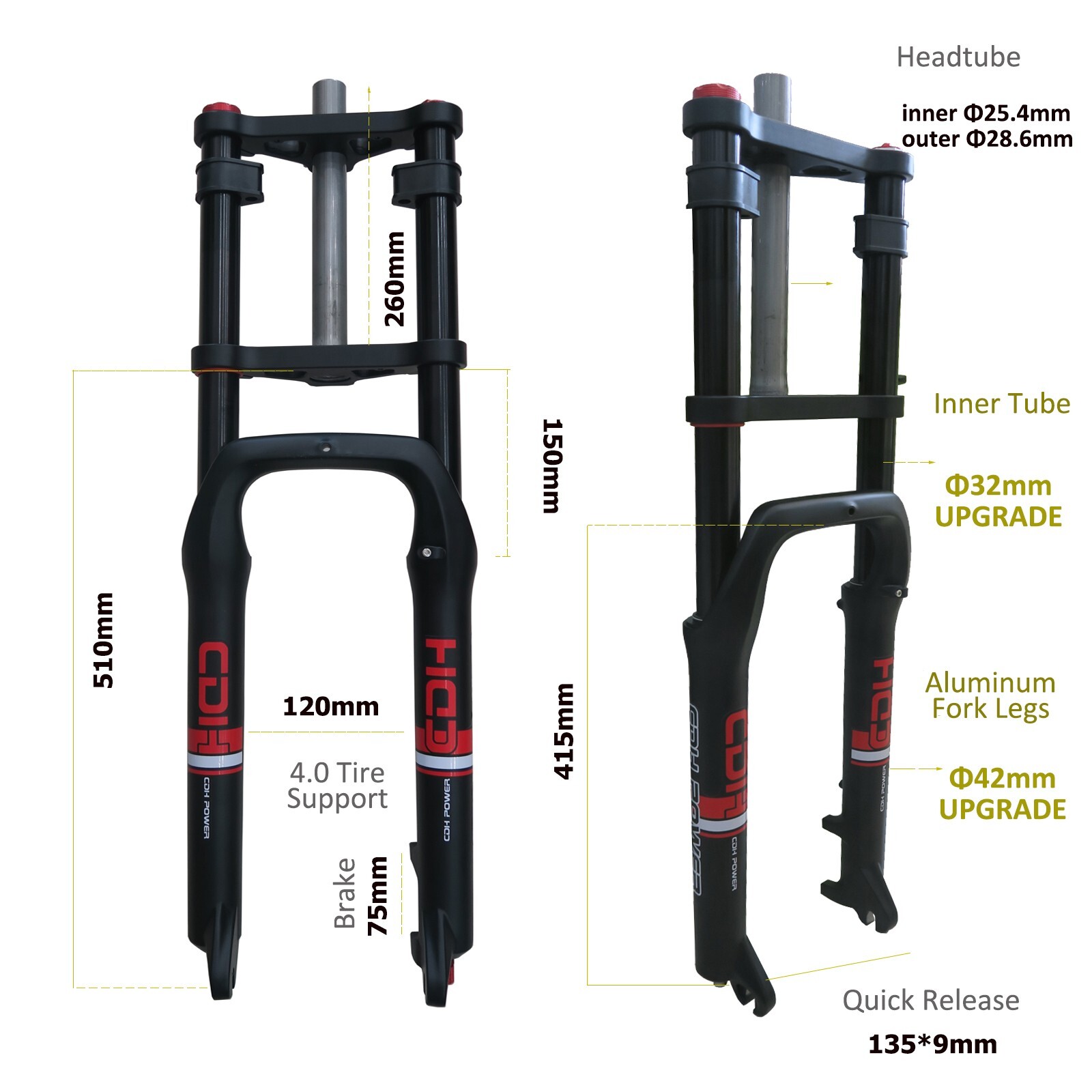 26″ Air Suspension Bicycle Fork 4.0″ Fat Tire Bike w/ Headset for 44-55mm Frame