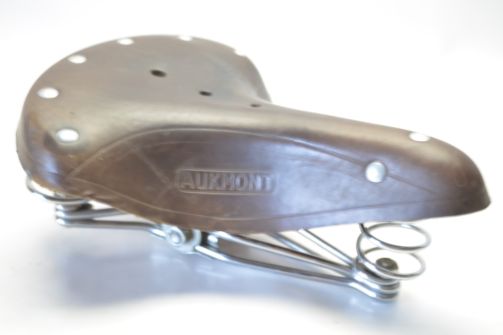 AUKMONT 9 BUTTON 3 SPRING TOURING BICYCLE BROWN LEATHER SEAT SADDLE 255 X 210 MM