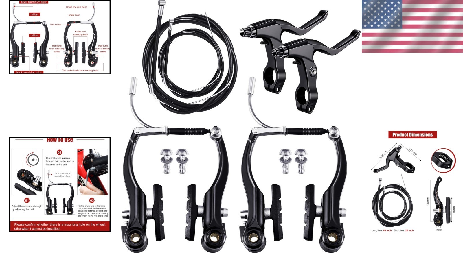Bike Brake Set Aluminum Black Front Rear Cables Levers for MTB Hybrid