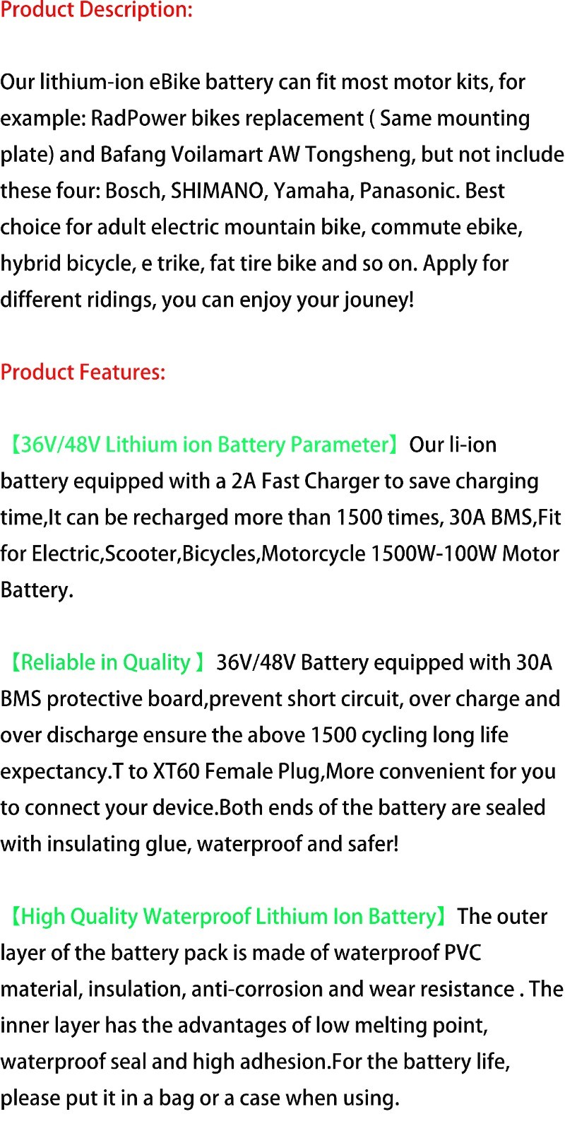 36V 48V Ebike Battery with 30A BMS for Electric Bike Scooter UL 2271 Certificate