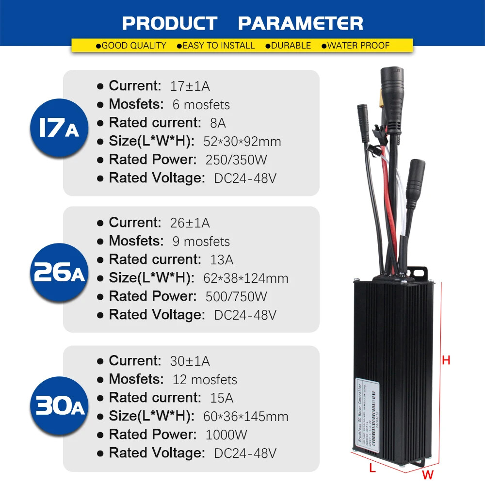 E-bike Sine Wave Waterproof Controller 17A 26A 30A for 250W-1000W Hub Motor