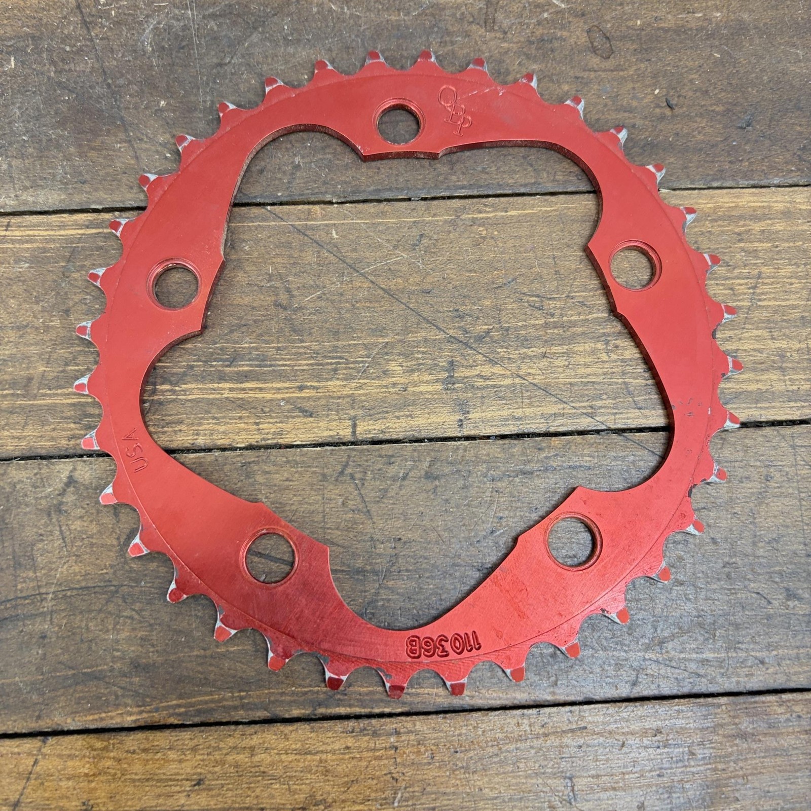 Vintage QBP 36T Chainring 110 BCD 5-Arm Red Ring Aluminum Road CX Gravel USA