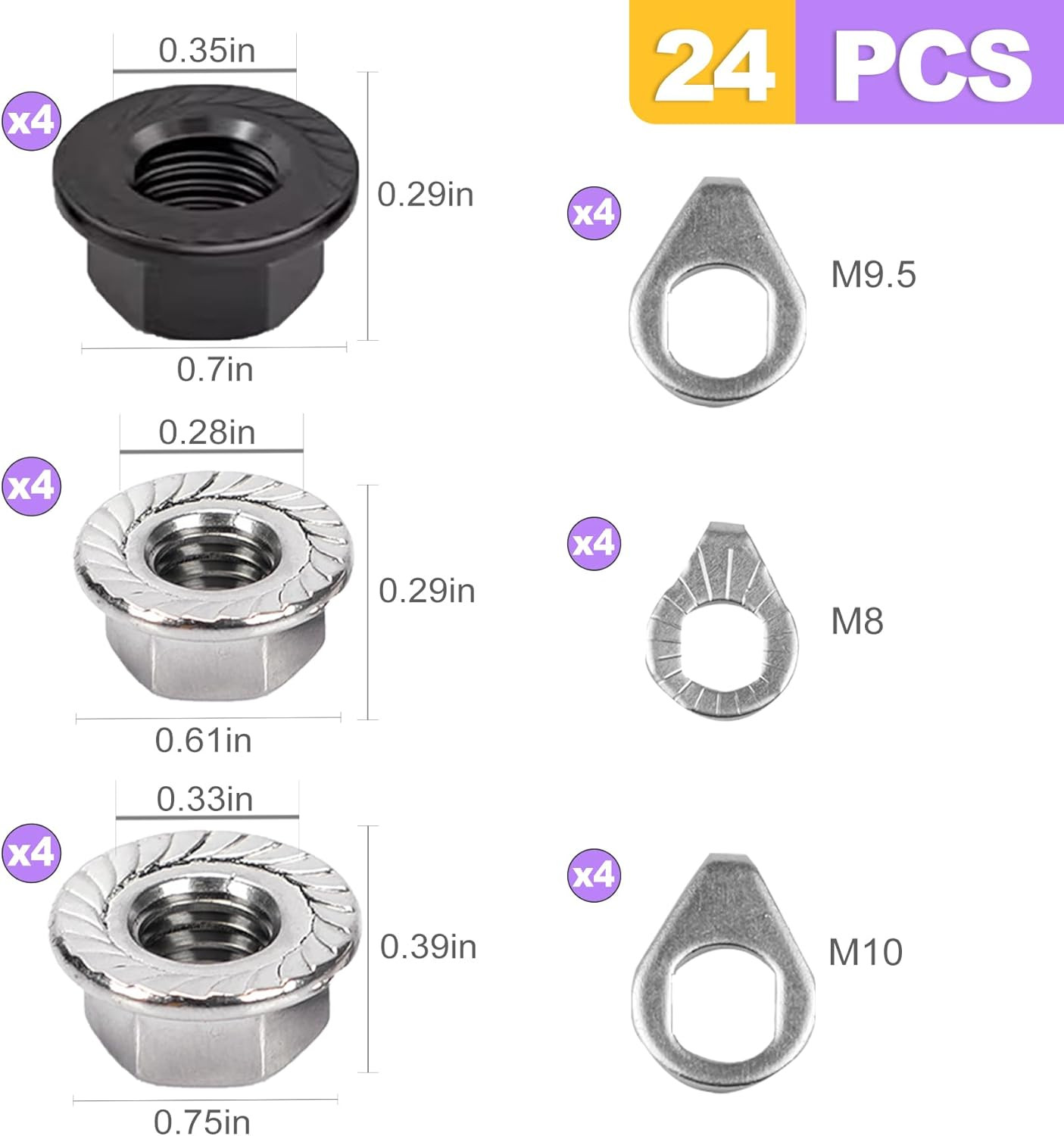 24 PCS Bike Axle Nut and Washer Kit – M8 M9.5 M10 Bicycle Replacement Parts – Mo