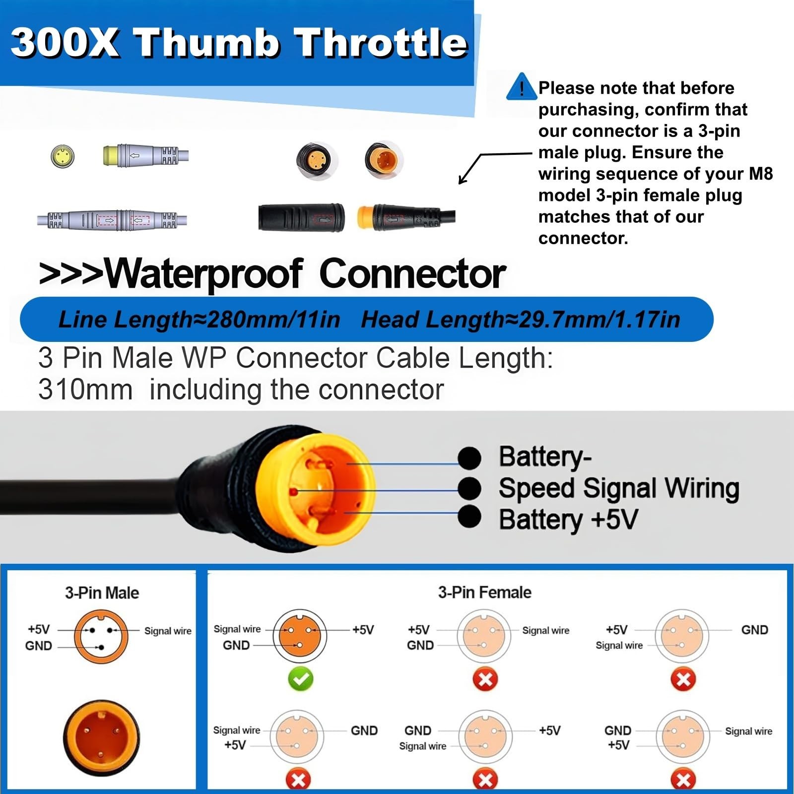 Ebike Thumb Throttle,12V/24V/36V/48V/52V/60V/72V 3-Pin M8 Waterproof Ebike Throt