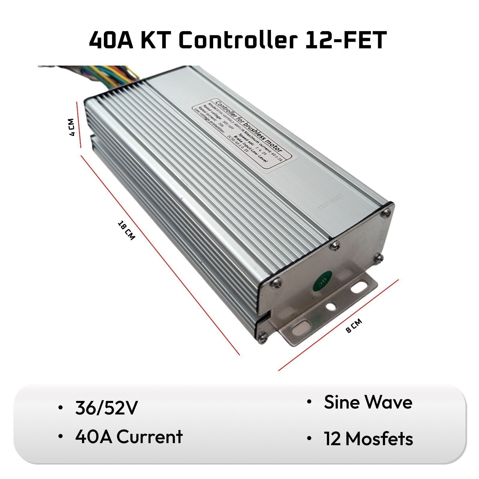 Ebike Controller 36/52V 1500/2000W 12-FET 40A KT Sine Wave Brushless Motor