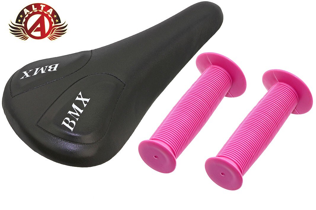 ALTA Black BMX Vinyl Saddle & Pink Mushroom Grips BMX BIKES.