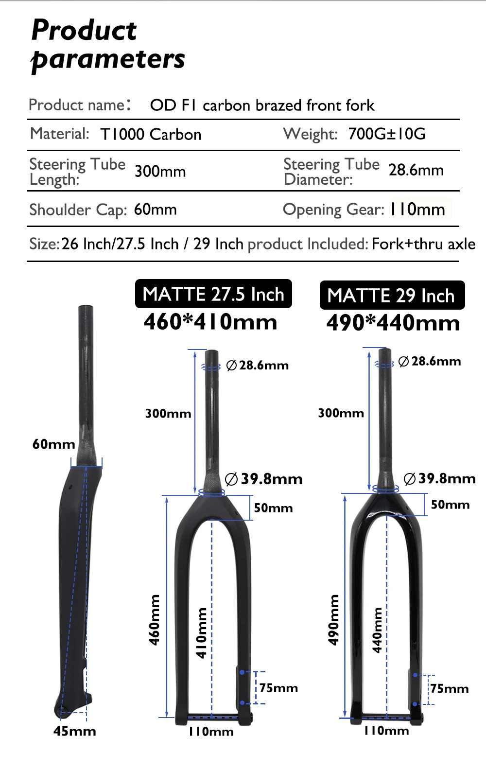 26/27.5/29 Inches Carbon Fiber MTB Boost Thru Axle Rigid Fork 15*110mm Tapered