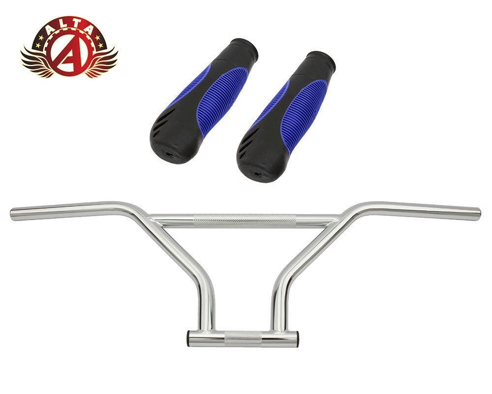 ALTA 4-Piece BMX Handlebar Old School Chrome W/ 135MM SPORTY ERGONOMIC GRIPS.
