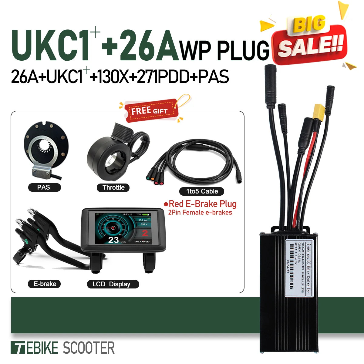 Electric Bike 3-Mode SineWave Controller 17A 26A 30A 40A with LCD UKC1 Display