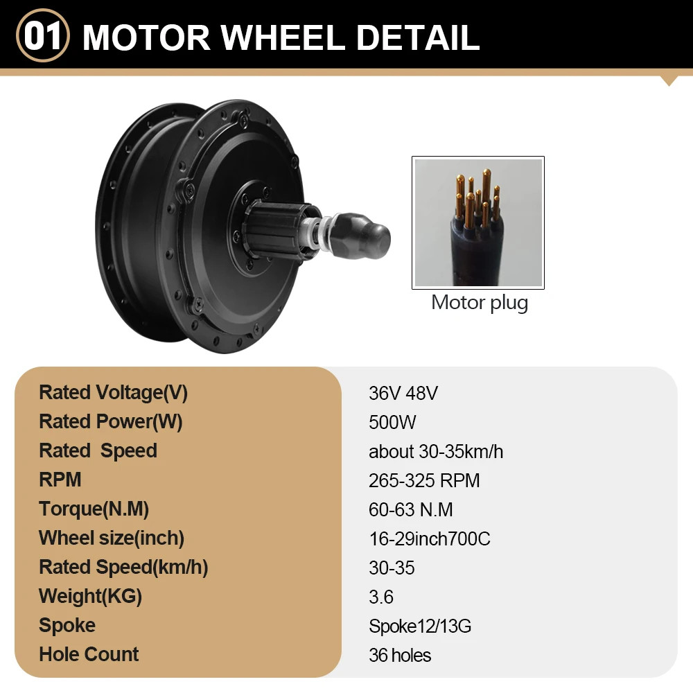 Electric Bike Motor Kit 36V 48V 500W Rear Cassette Brushless Hub Motor Wheel