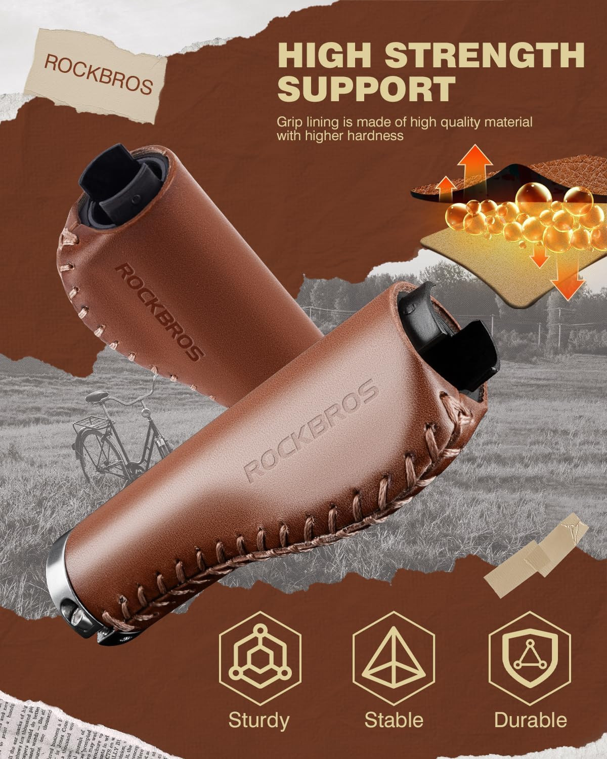 ROCKBROS Leather Bike Handlebar Grips Bike Grips Leather Grips Ergonomic Design,