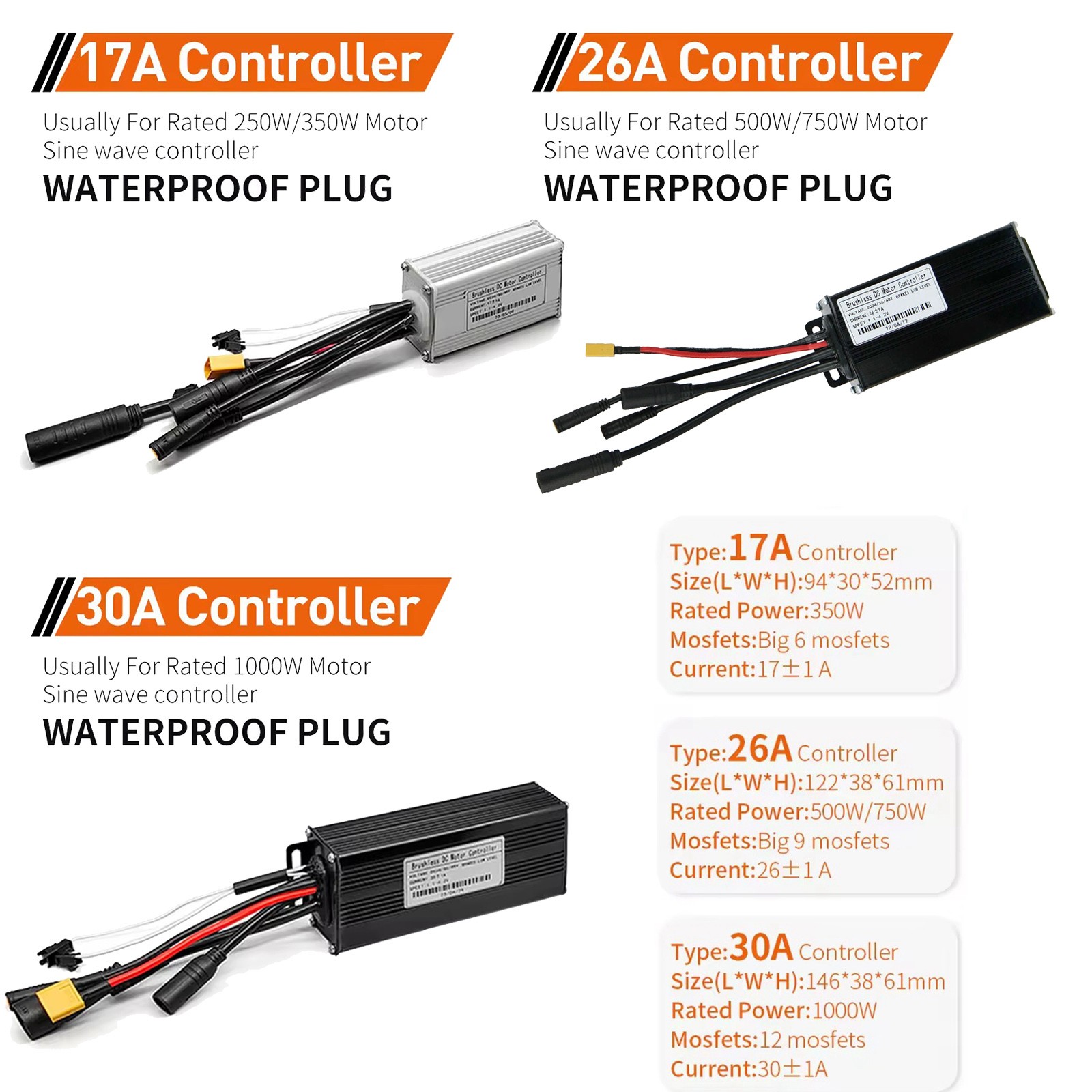 For 250W-1000W Motor E-bike 24V/36V/48V 17A 26A 30A Sine Wave Controller