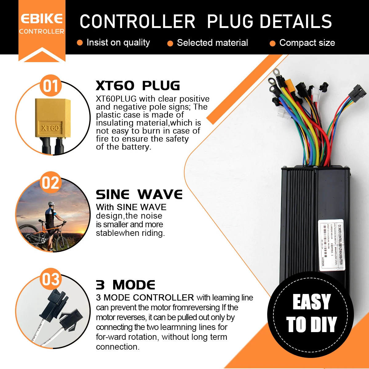 E-bike Sinewave Controller with Display 17A 26A 30A 40A for 250W-2000W Motor