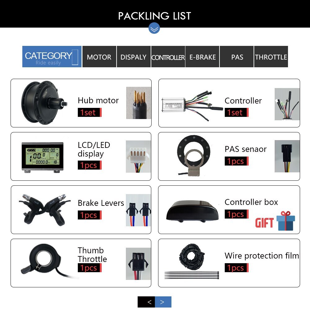 E-Bike Conversion Kit 36V 48V 250W Hub Motor Waterproof Plug LED LCD Display