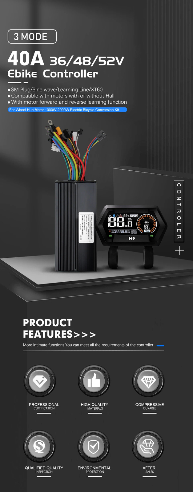 Ebike Sine Wave Controller 36V 48V 52V 40A Three-Mode with S866 S966 LCD Display