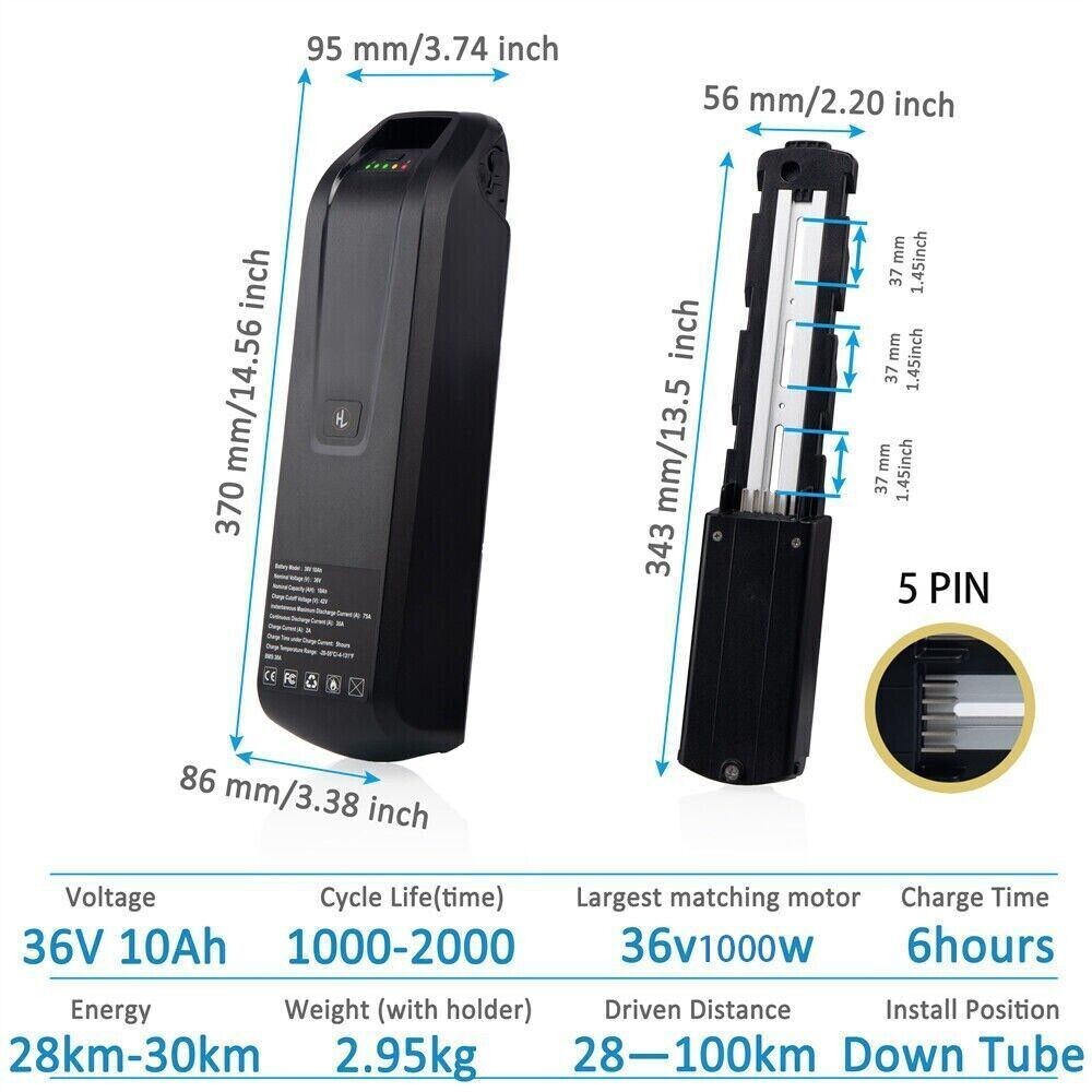 Hailong 36V Ebike Battery Lithium For 200-1000W Electric Bike Motor 30A BMS 5Pin