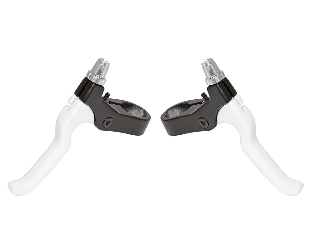408 Left & Right Alloy Brake Lever Set Black/White 4-Finger, 22.2mm Clamp, Pair.