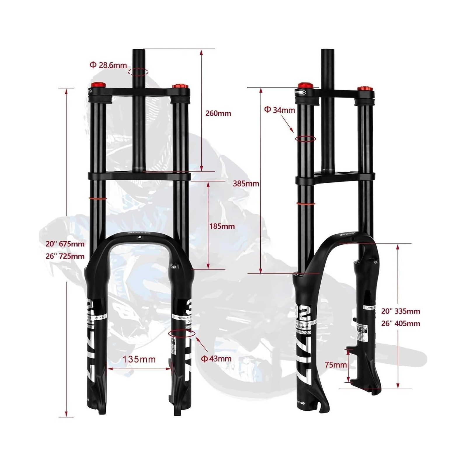 ZTZ 20/26 inch 4.0 Fat Tire Bike Air Suspension Fork – 180mm Travel, 135mm Hu…
