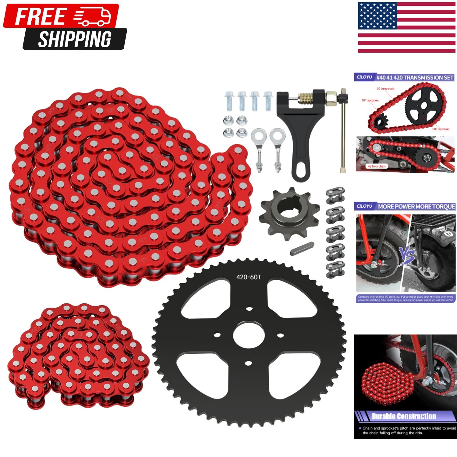 60 Tooth Sprocket 420 Mini Bike Chain Kit Replacement for Coleman CT200U CT200U-