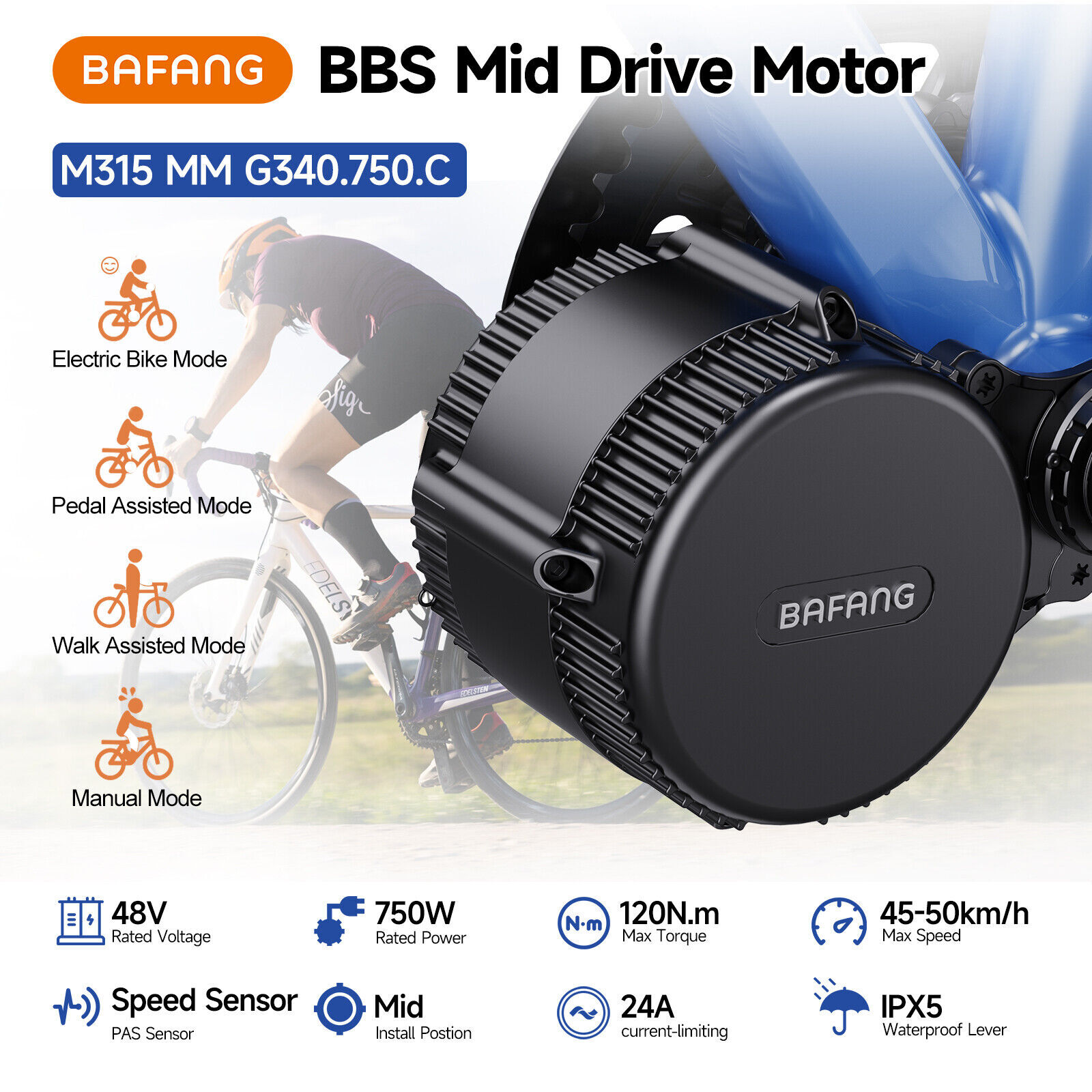 Bafang 48V 750W BBS02B Mid Drive Motor Conversion Kit Ebike Electric Bike