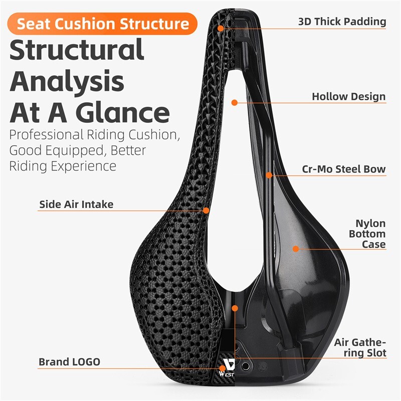 WEST BIKING Hollow Short Nose 3D Printed Bicycle Honeycomb Seat Saddle Cushion