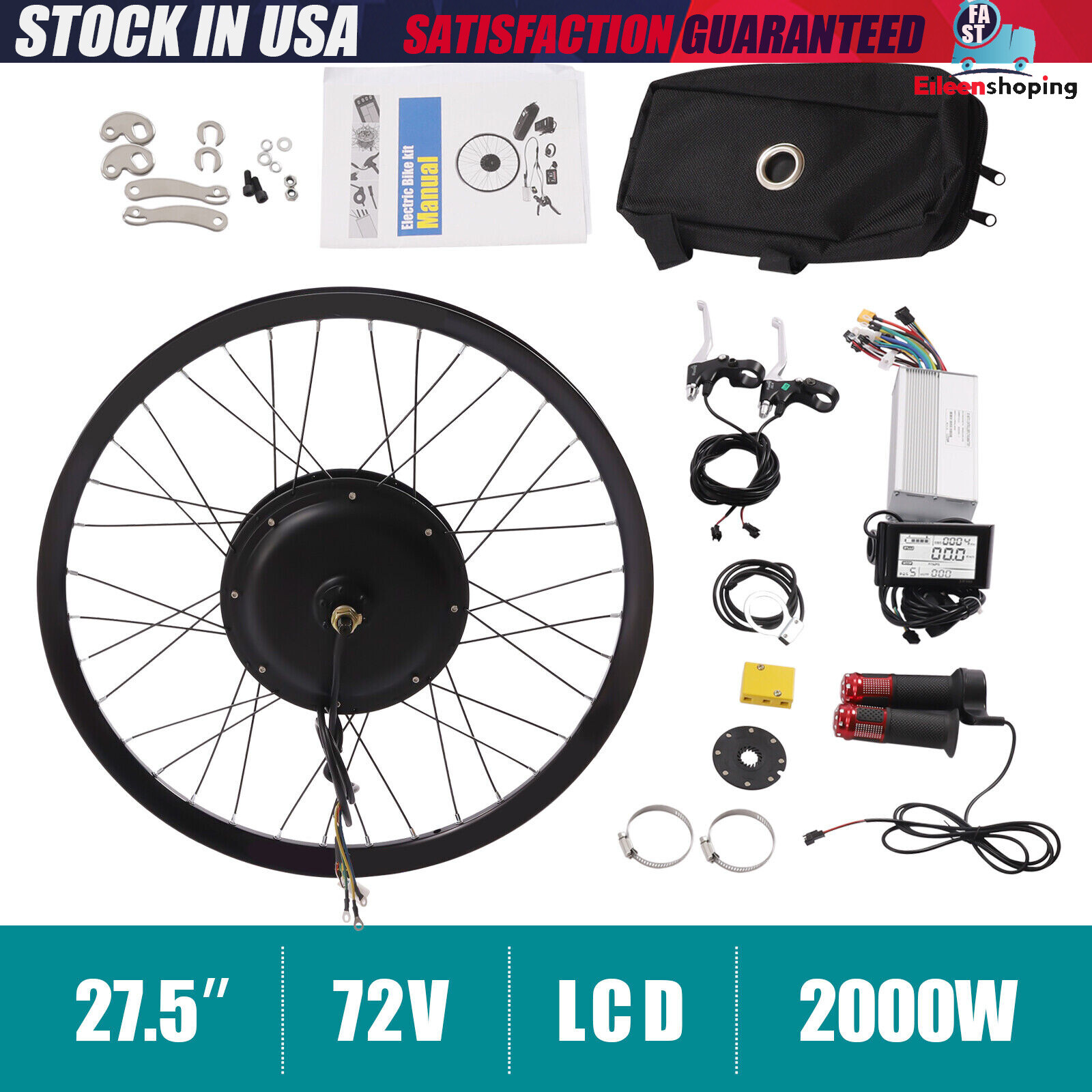 2000 Watt E Bike Motor 27.5″ inch Rear Wheel LCD Electric Bicycle Conversion Kit