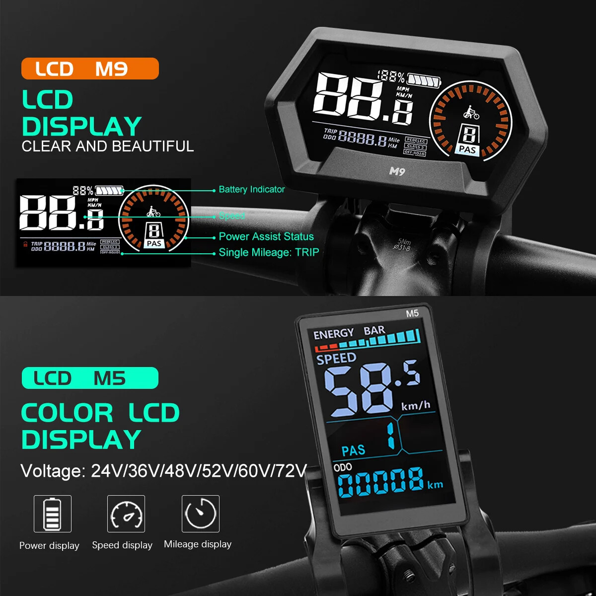 E-Bike 3 Mode Sinewave Controller 17A26A30A40A+LCD M5 M9 Display 24V36V48V Motor