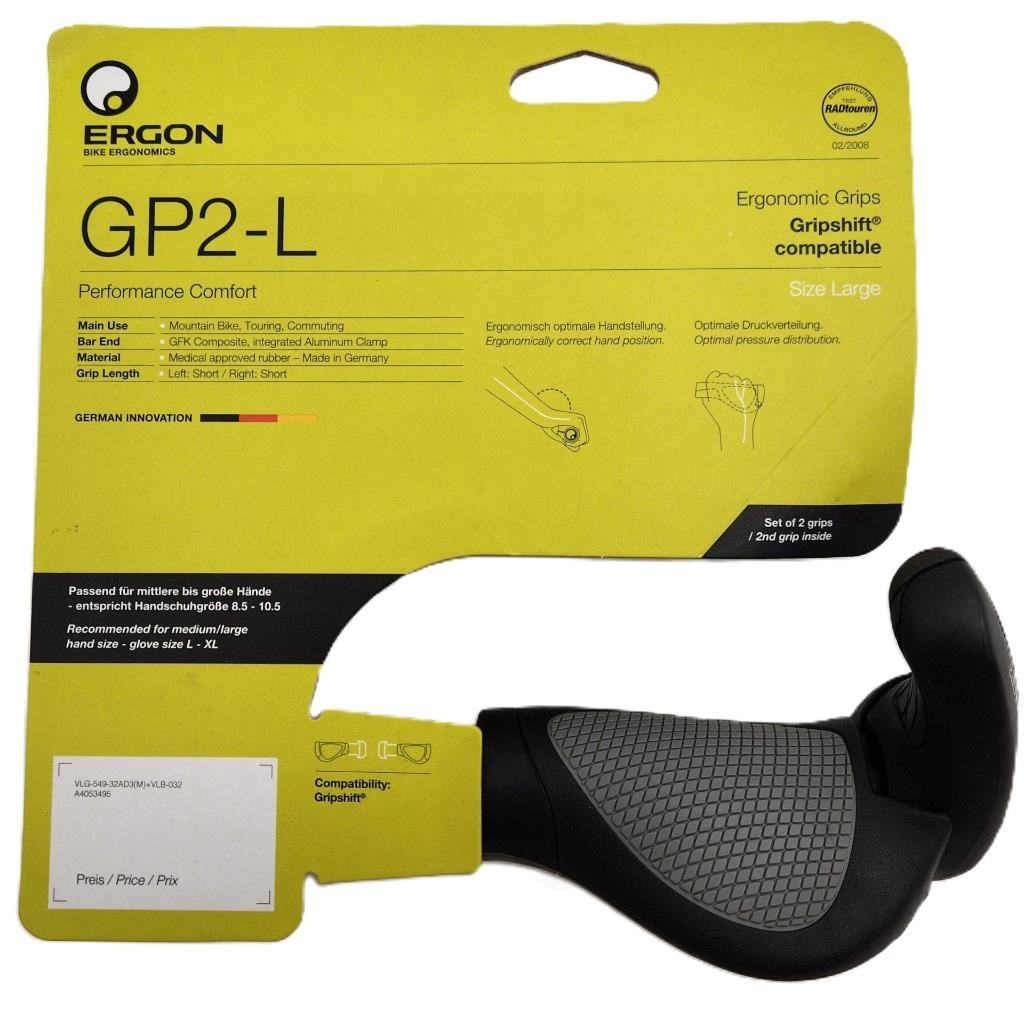 Ergon GP2-L Large GRIPSHIFT Bike Handlebar Grip 2-Finger Bar Ends – Black/Gray