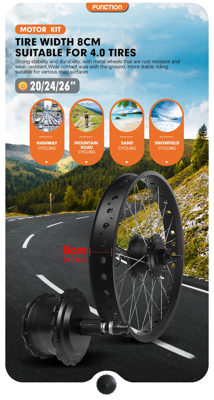 48V 750W 20/24/26in Snow Electric Bike Fat Rear Brushless Gear Hub Motor Wheel