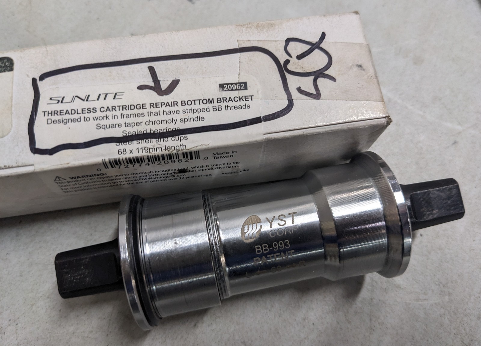 SUNLITE Threadless Repair Bottom Bracket – 68 x 119mm, Square Taper
