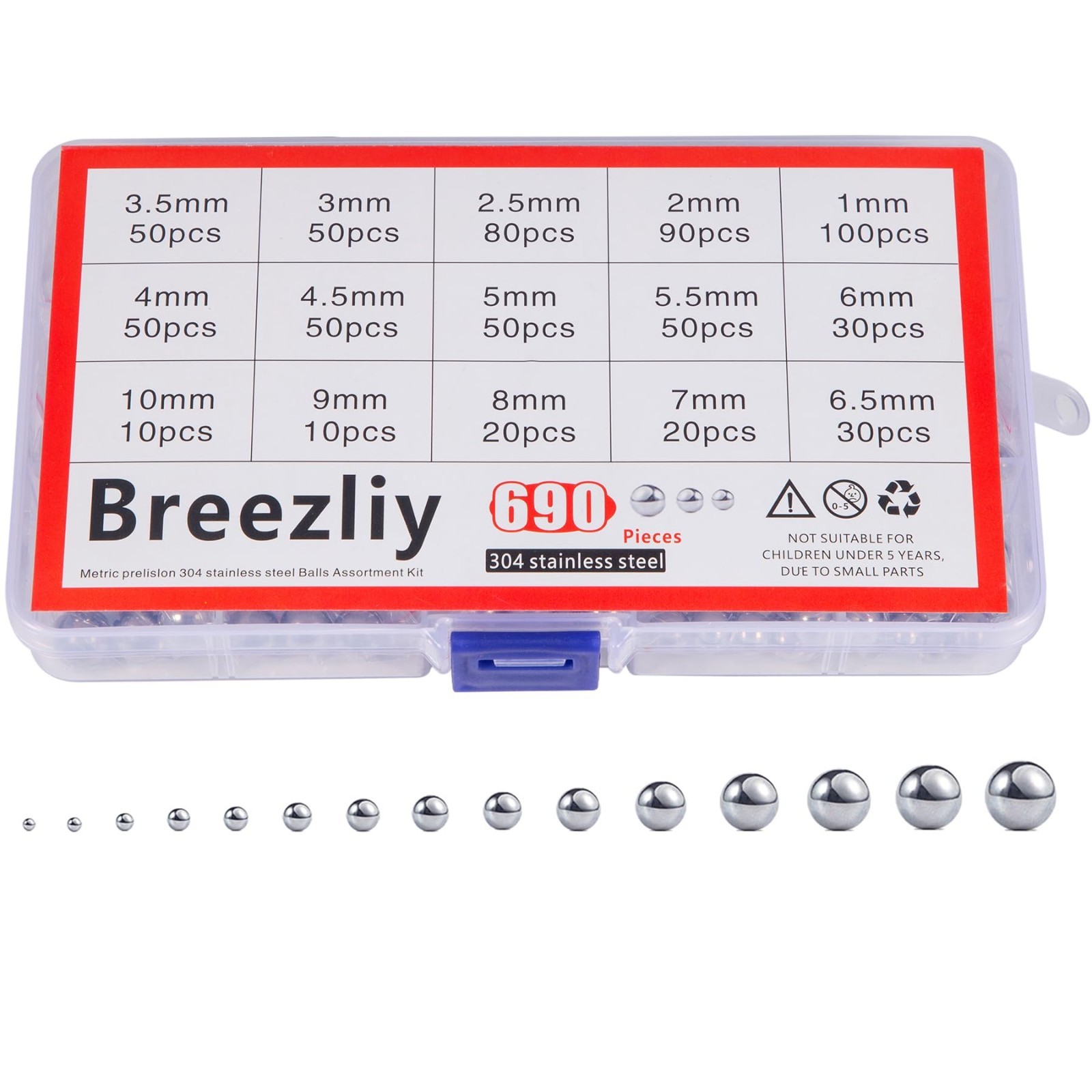 690 Piece Metric Precision 304 Stainless Steel Ball Bearing Assortment Kit – 1-1