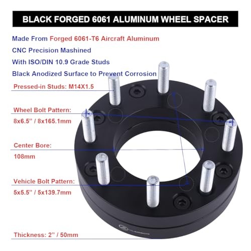 Black Forged 5×5.5 to 8×6.5 Wheel Adapters 2 Inch 2 Inch, 2PC To 8×6.5 Rims