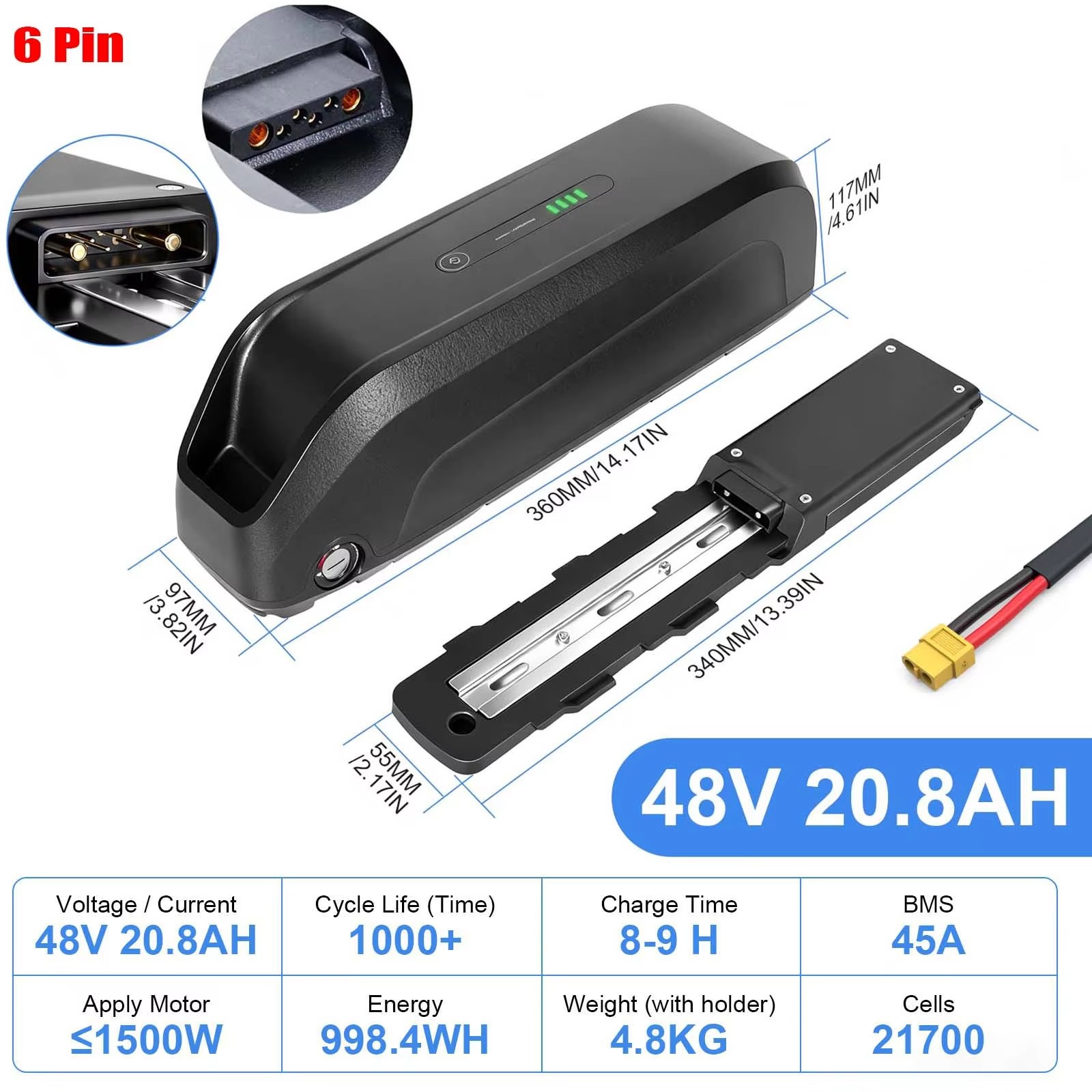 48V 52V 20AH Hailong Down Tube Battery 21700 for Ebike 500W 750W 1000W 1500W