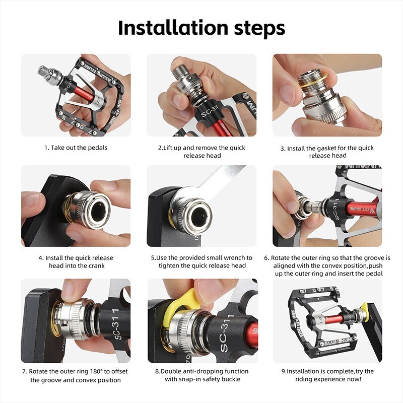 Quick Release Bicycle Pedals 3 Sealed Bearing Aluminum Bike Pedals Black a Pair