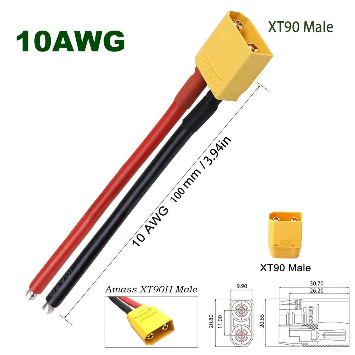 XT90 Male Connector Plug Lead Li-Ion Ebike Battery Charge Cable 10 AWG 100MM RC