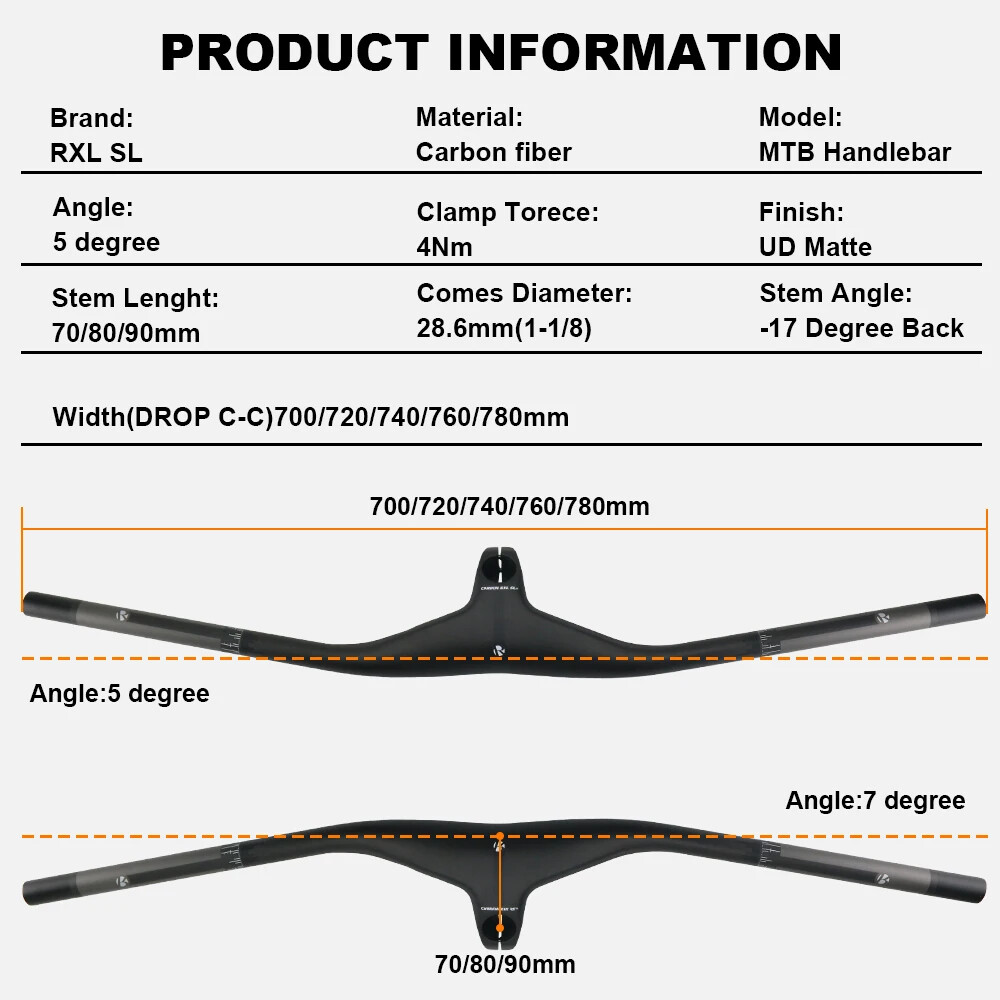 Mountain Bike Carbon Fiber Integrated Handlebars with Stem 28.6mm -17 Degree