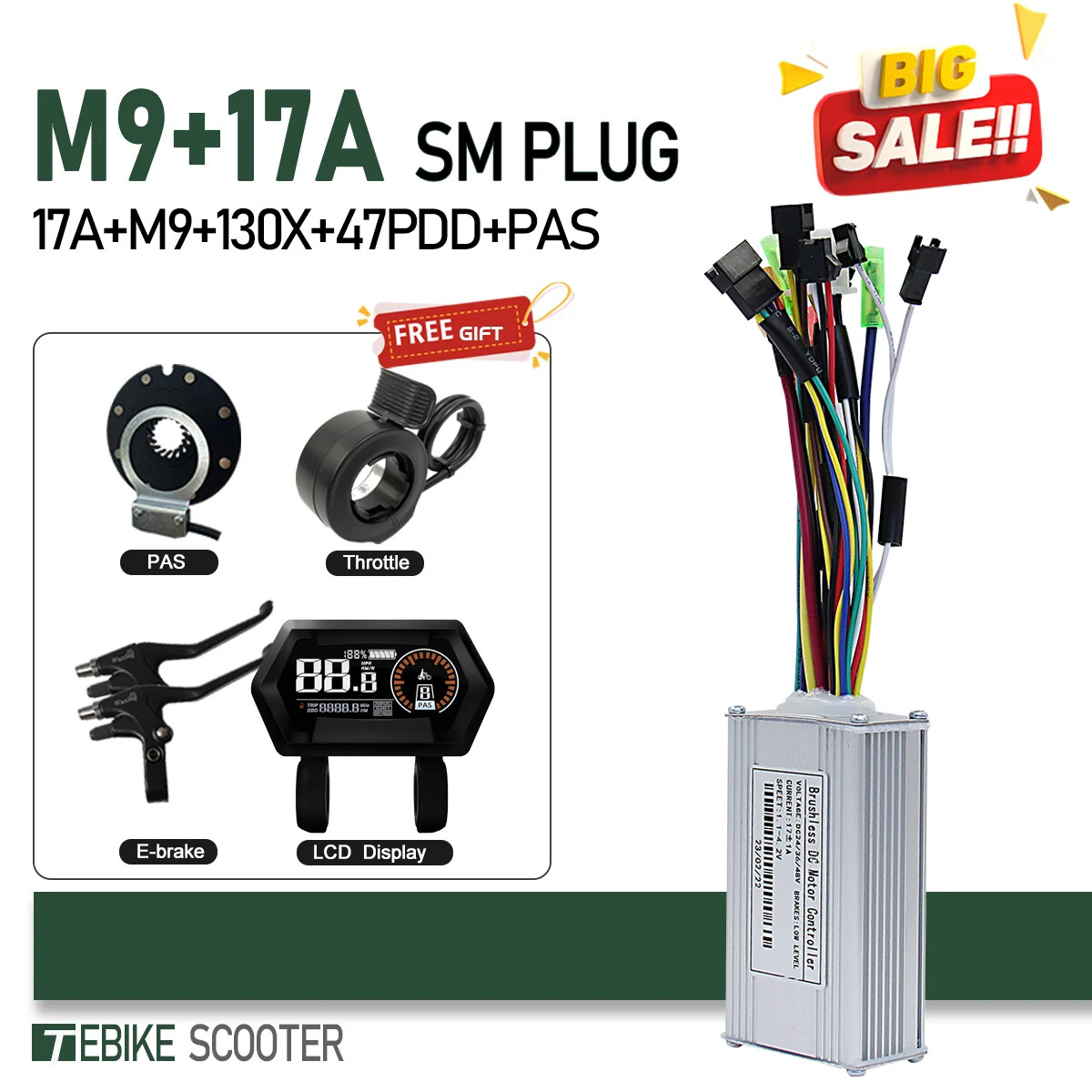 3 Mode E-bike Sinewave Controller 17A 26A 30A 40A with M5 M9 Display 250W-2000W