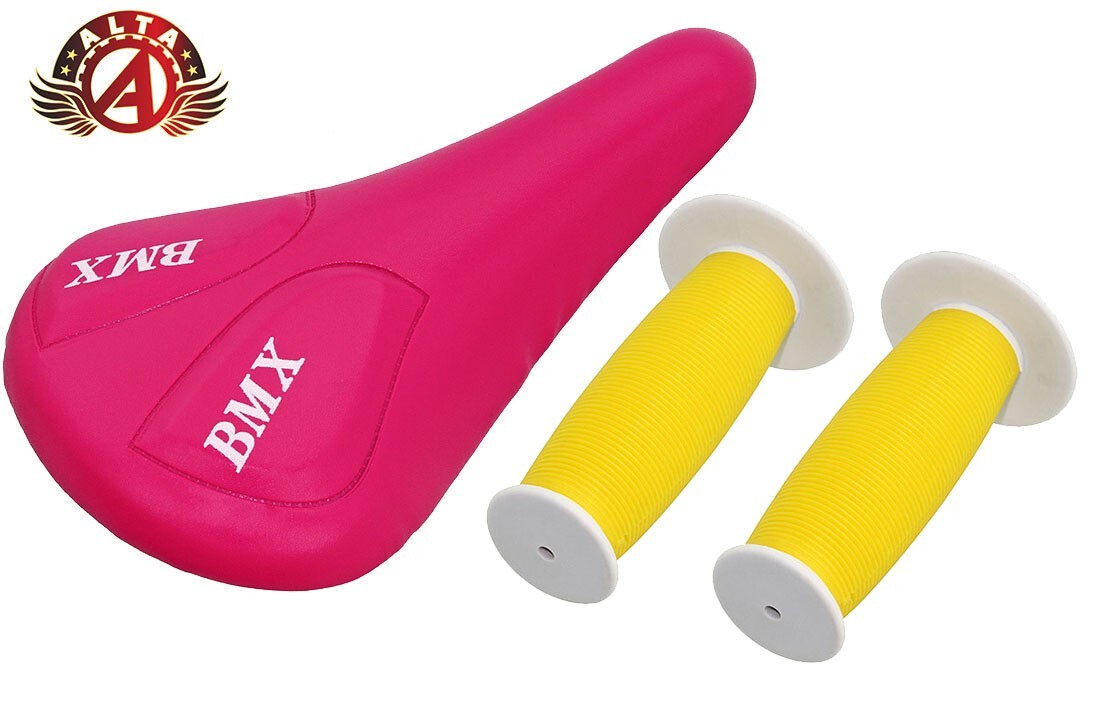 ALTA Pink BMX Vinyl Saddle & Yellow/White Mushroom Grips BMX BIKES.