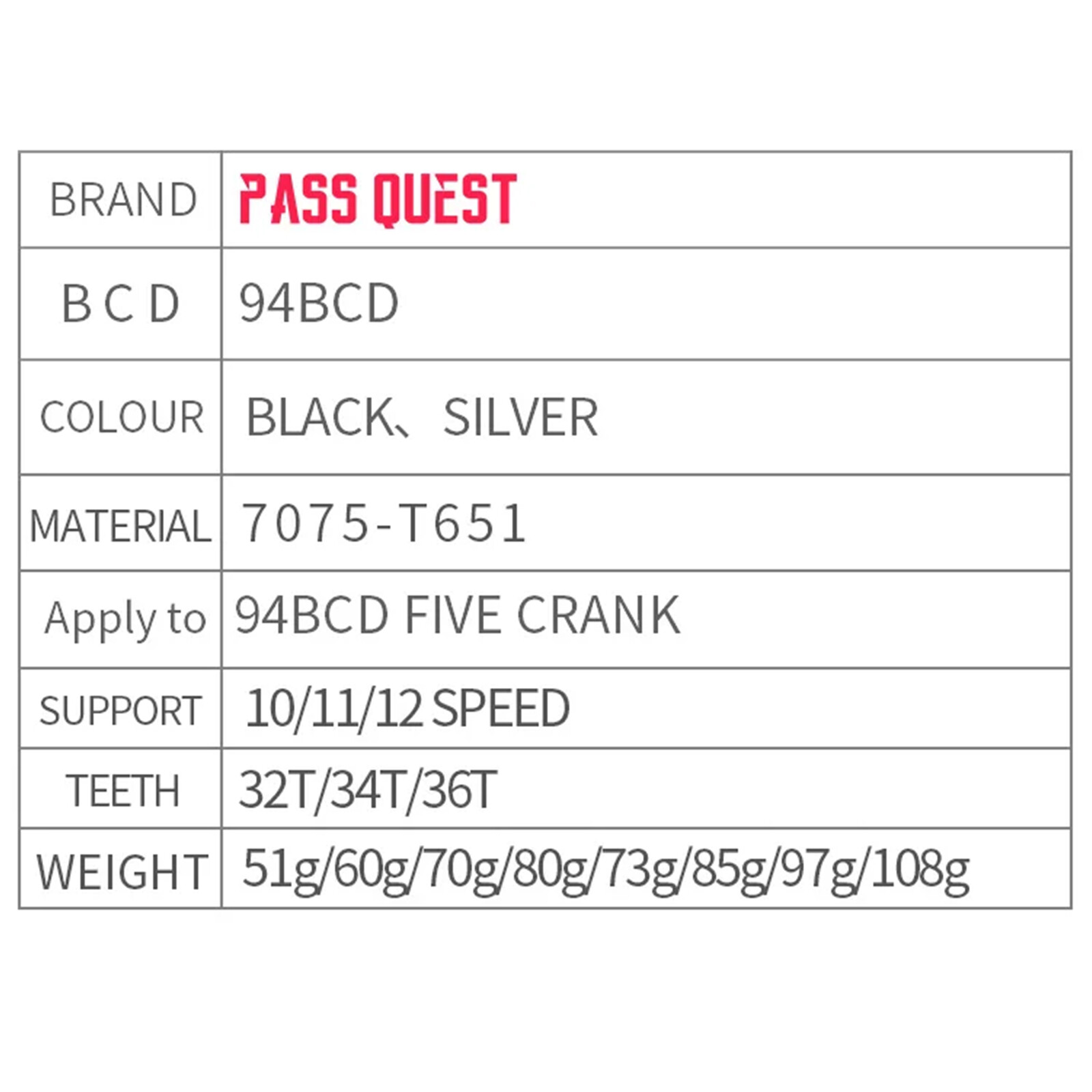 PASS QUEST 94 BCD 5Arm Bicycle Chain wheel ROUND Narrow Wide Chainring 32-36Tape