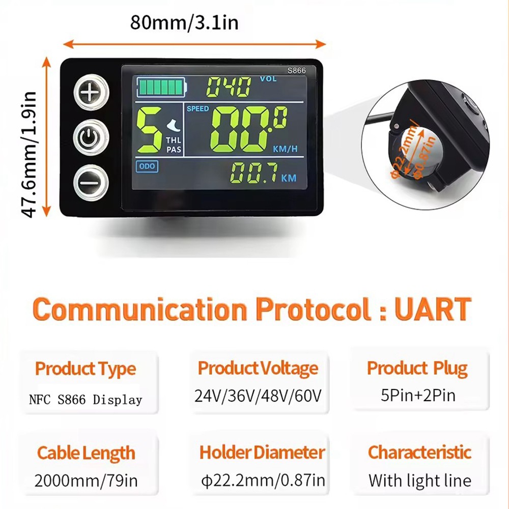 E-Bike 24V 36V 48V 60V S866 LCD Display Screen Control Panel with NFC Function
