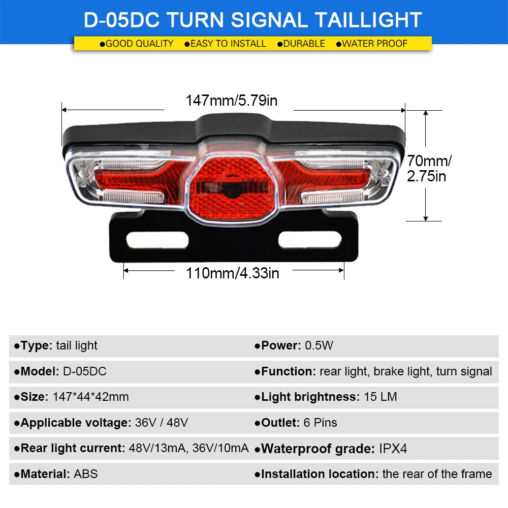 Electric Bike Waterproof Headlight and Rear Light Set 36V/48V DK336 Switch Cable