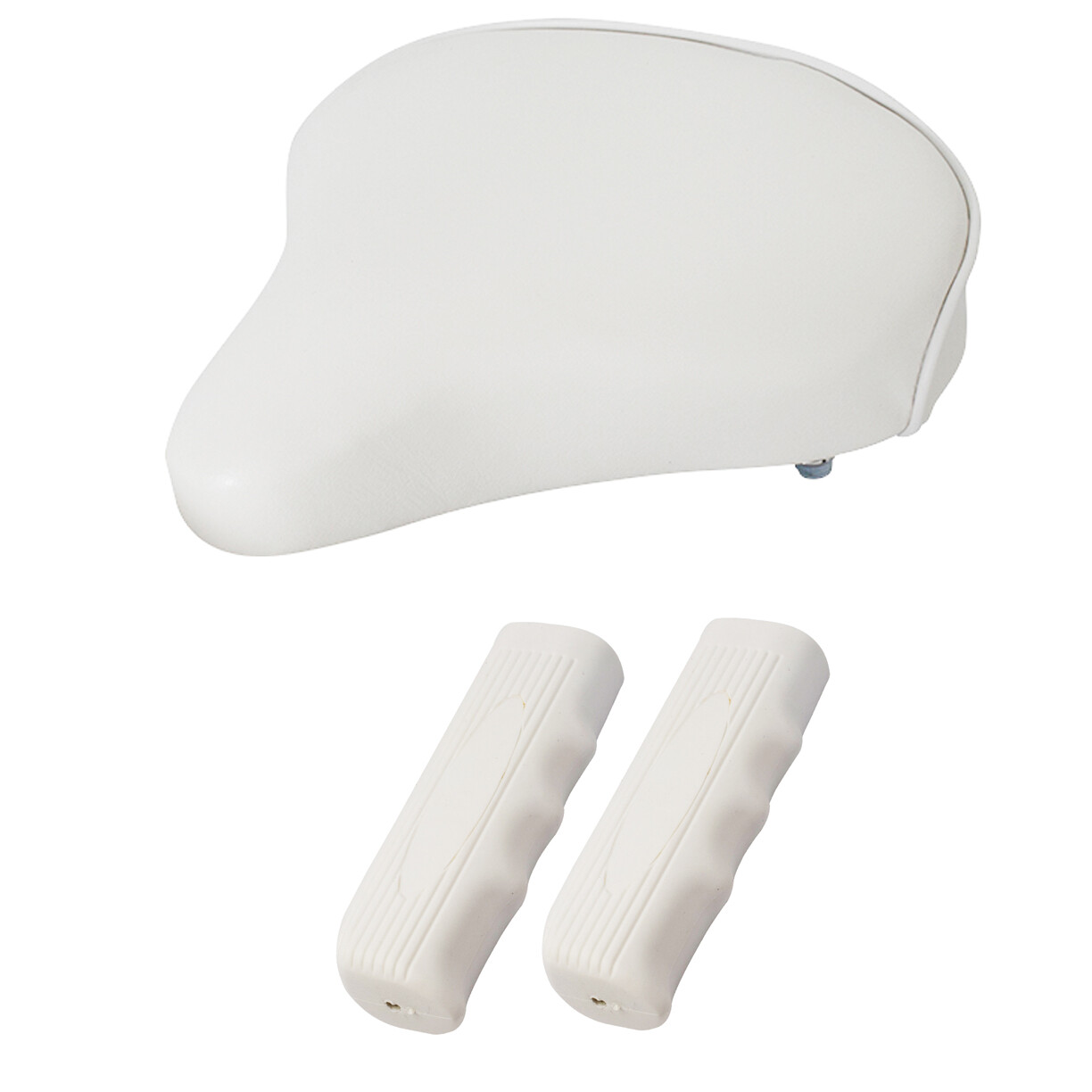 NEW! BEACH CRUISER VINYL SADDLE 209 IN ALL WHITE W/ WHITE CUSTOM GRIPS.