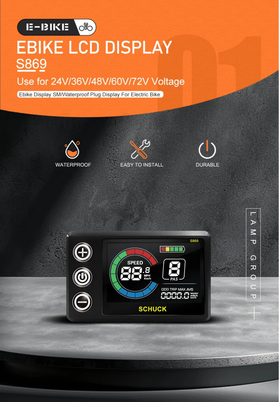 E-bike Display LCD S869 24V/36V/48V/52V/60V/72V SM/Waterproof Plug Display