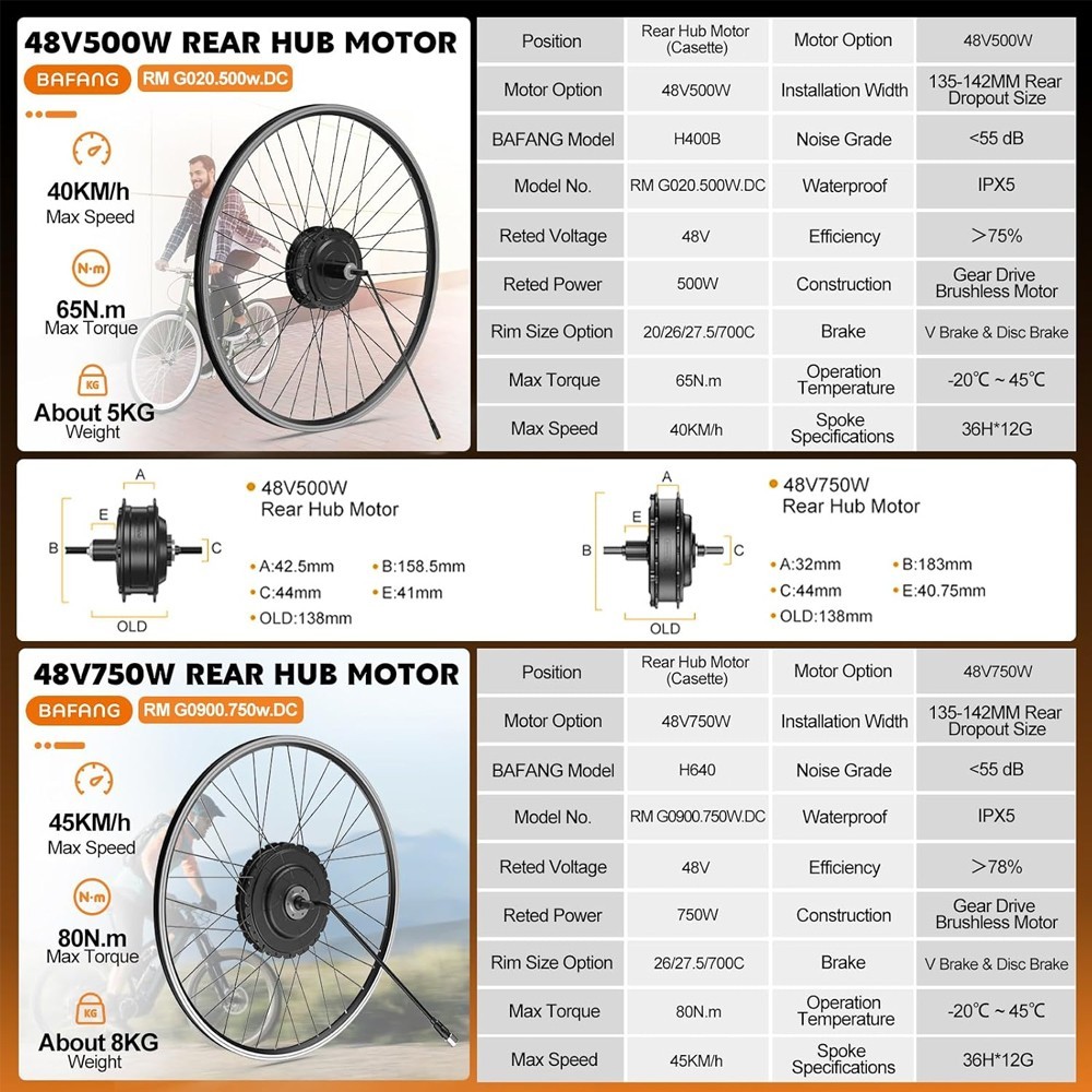 BAFANG 48V 500W/750W Rear Hub Motor Kit 26″27.5″700C Wheel EBike Conversion kits