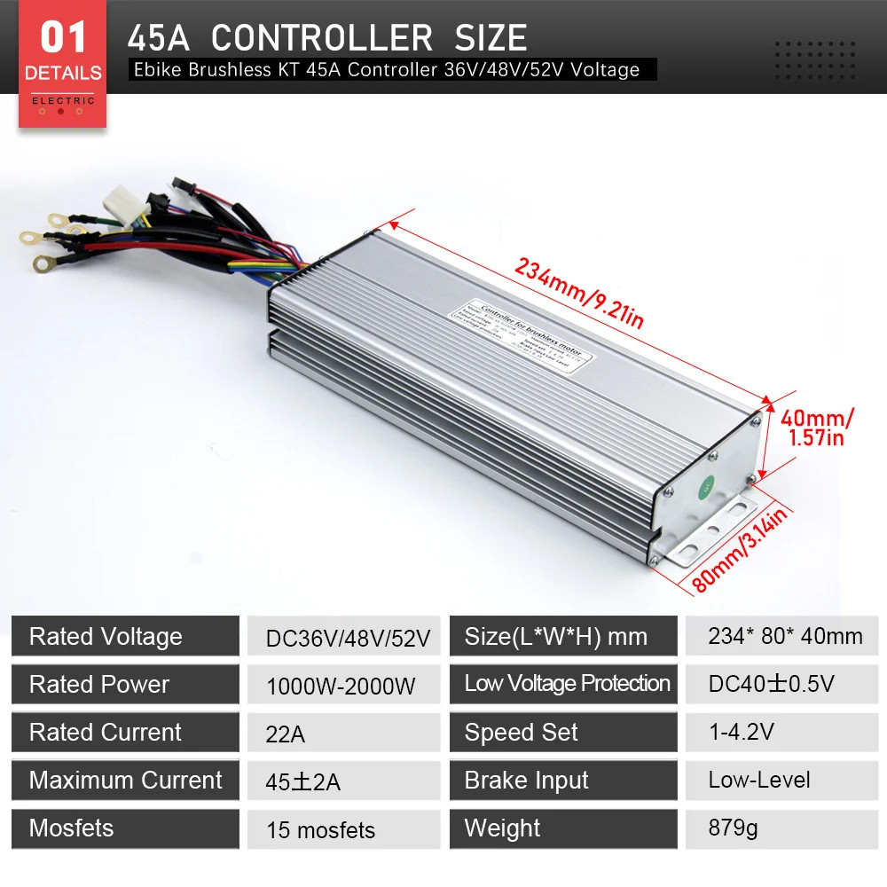 E-bike Sine Wave Controller 36V/48V/52V 45A for Electric Bike Conversion Kit