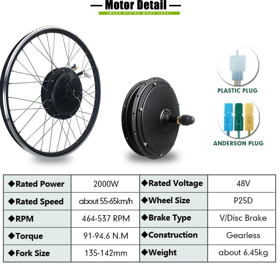 48V 2000W Ebike Rear Rotate Gearless Motor Conversion Kit 50A Controller Display