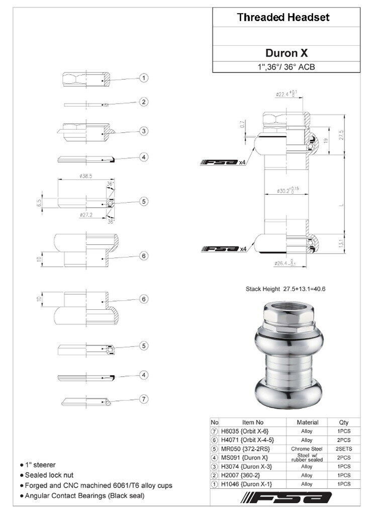 FSA Duron X 1″ Threaded Headset 22.4/26.4mm Sealed Bearings w/FSA Logo Silver